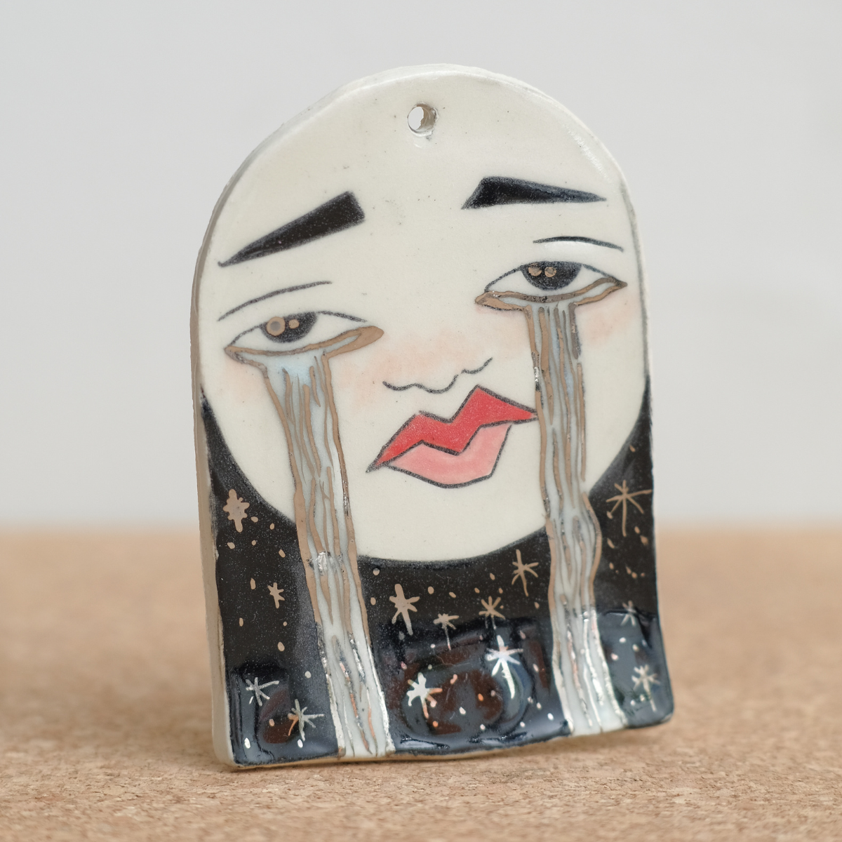 Sad Moon Ornament with White Gold Overglaze