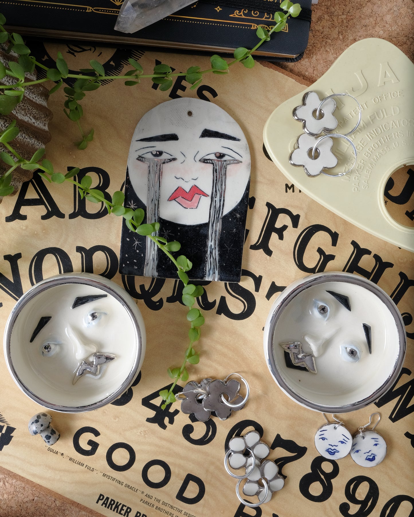 Sad Moon Ornament with White Gold Overglaze