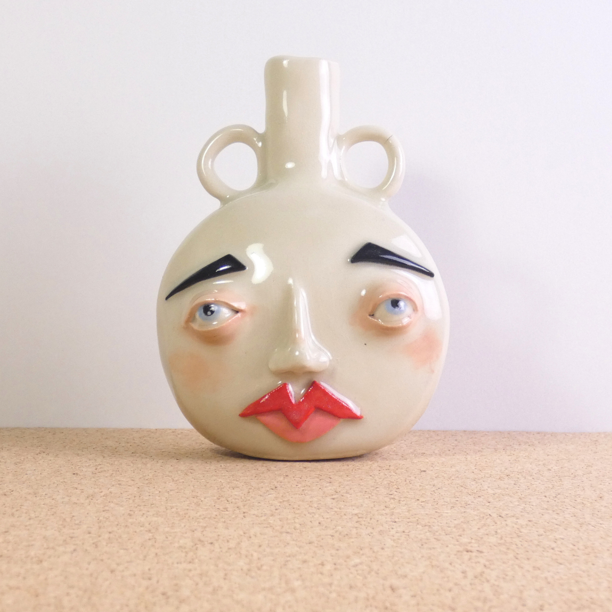 Large Moon Face Bud Vase Pink and Red with Handles | Porcelain 2/2