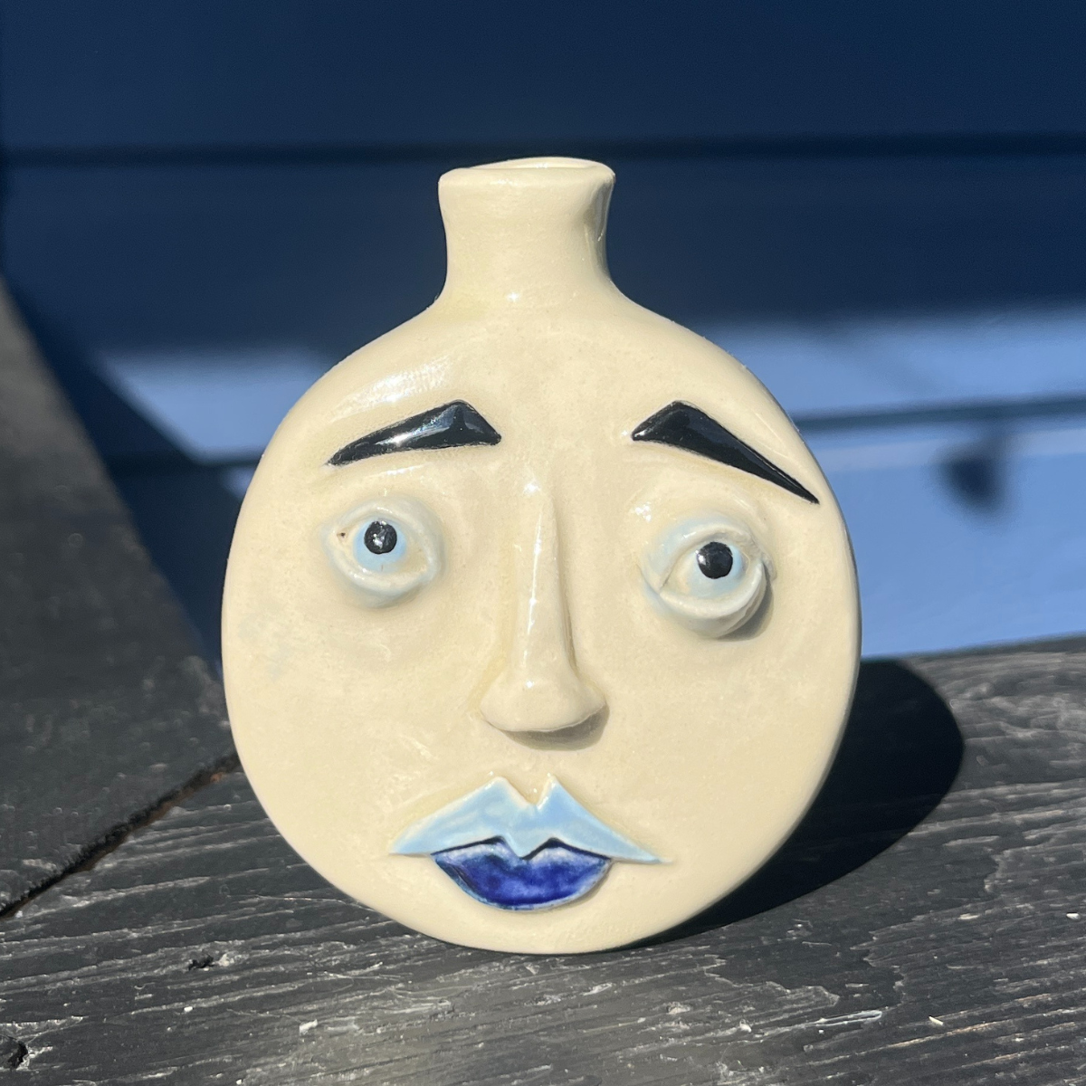 Medium Blue Moon Face Bud Vase 2/3