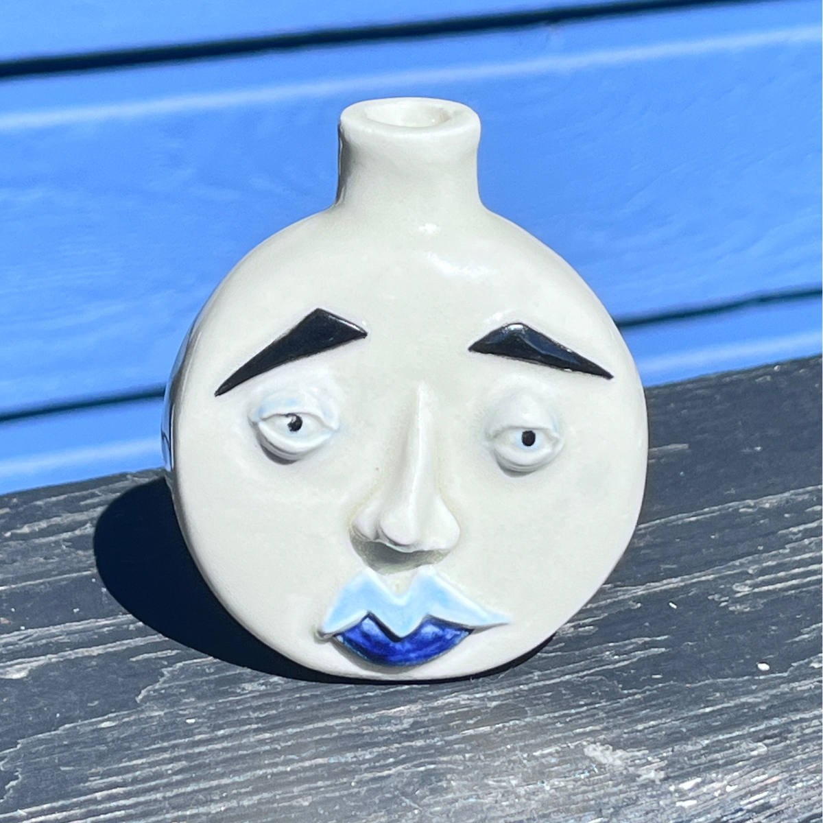 Medium Blue Moon Face Bud Vase 1/3
