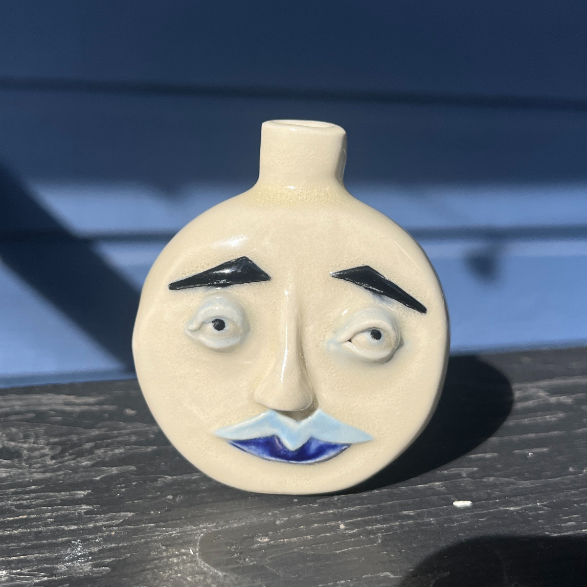 Small Blue Moon Face Bud Vase 3/4