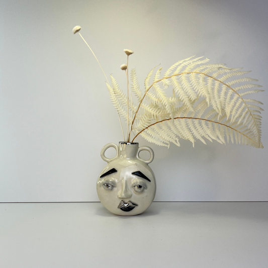 Small Moon Face Vase – White Gold Overglaze, Handmade Ceramic 1/3