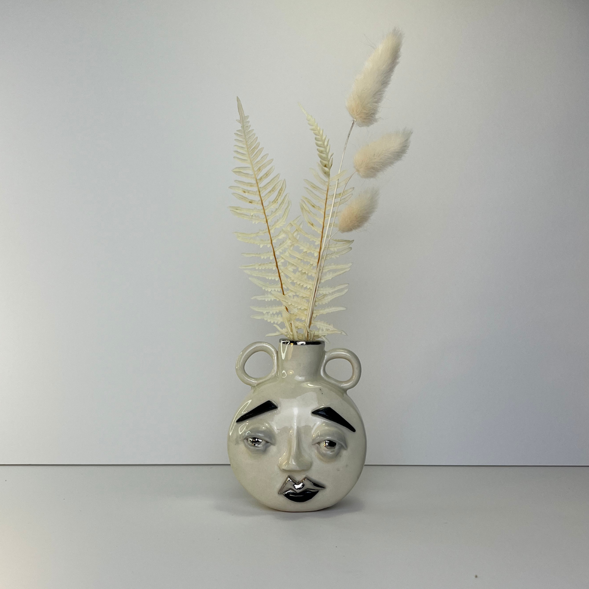 Medium Moon Face Vase – White Gold Overglaze, Handmade Ceramic 1/2