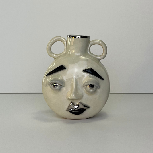 Medium Moon Face Vase – White Gold Overglaze, Handmade Ceramic 1/2