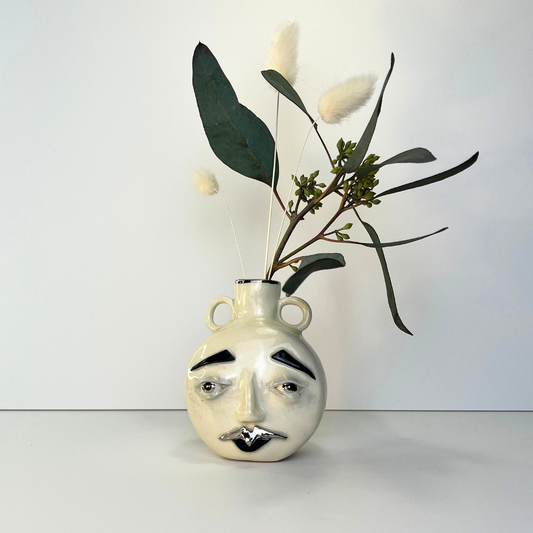 Medium Moon Face Vase – White Gold Overglaze, Handmade Ceramic 2/2