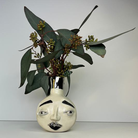 Large Moon Face Vase – White Gold Overglaze, Handmade Ceramic 2/3