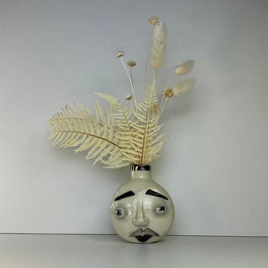 Large Moon Face Vase – White Gold Overglaze, Handmade Ceramic 1/3