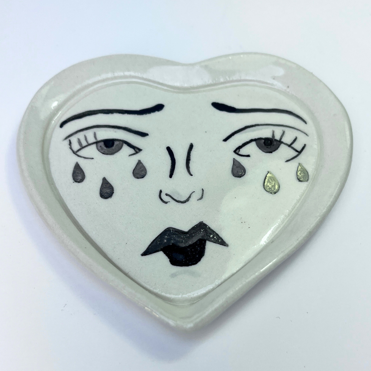 Broken Heart Catchall With White Gold Overglaze, Handmade Ceramic 11/13