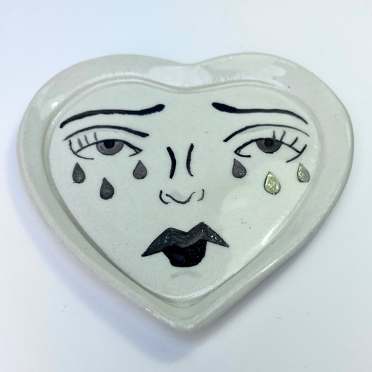 Broken Heart Catchall With White Gold Overglaze, Handmade Ceramic 11/13