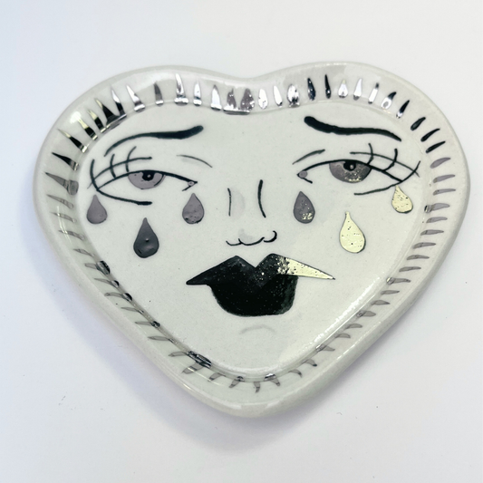 Broken Heart Catchall With White Gold Overglaze, Handmade Ceramic 13/13