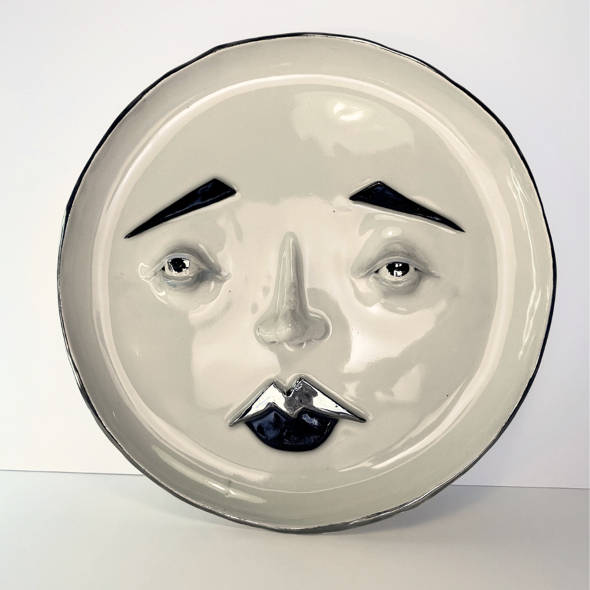 XL Sad Moon Face Plate – 12" Ceramic with White Gold Overglaze