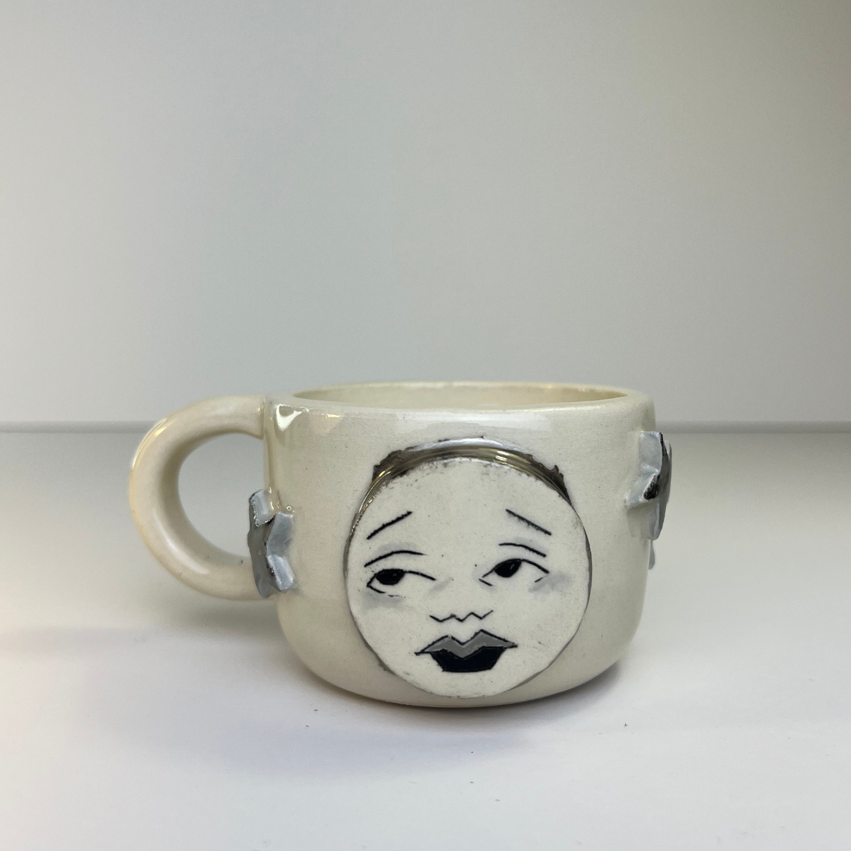 Handmade CeramicMoon Face Espresso Mug with White Gold Stars