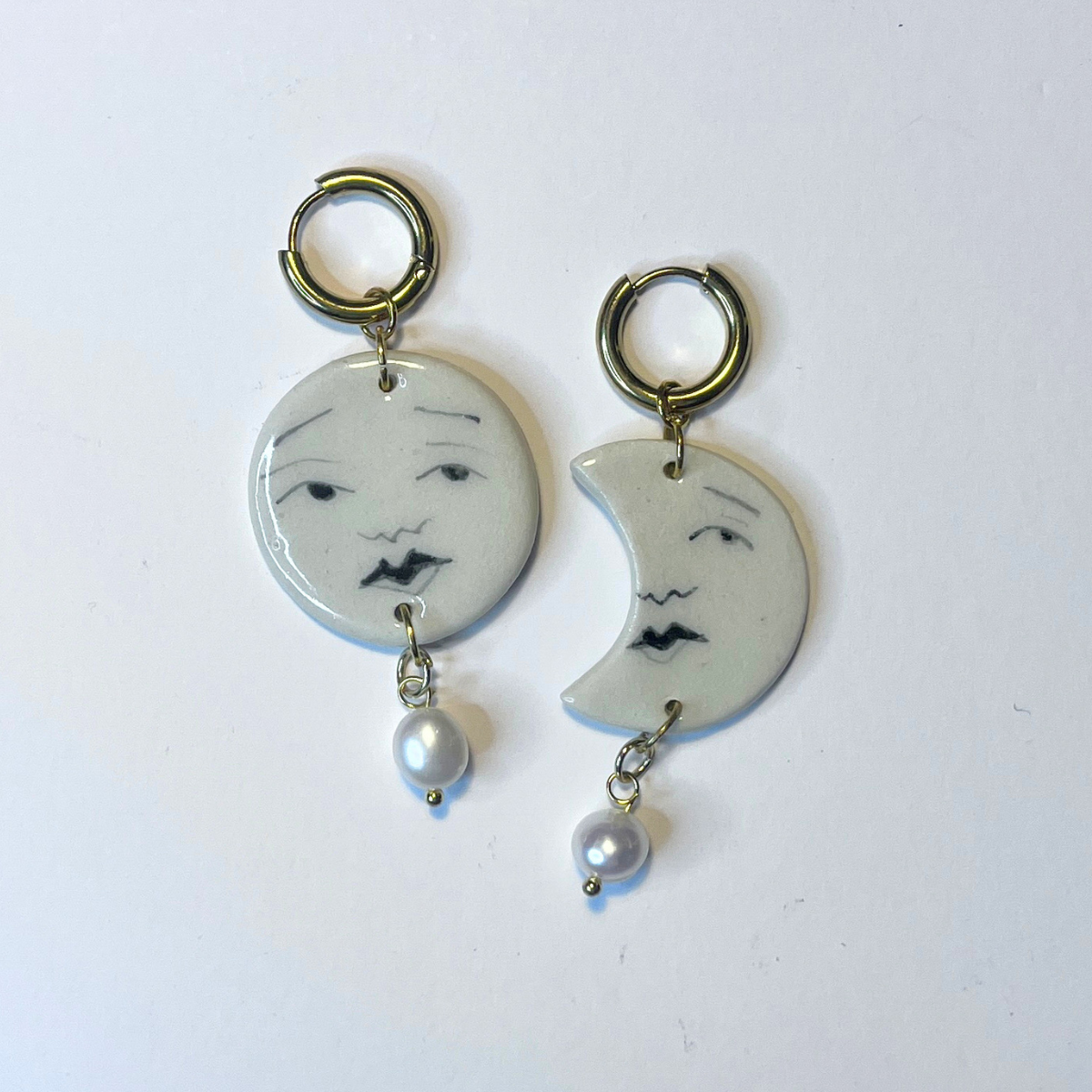 Full Moon / Half Moon Earrings – Gold Plated with Freshwater Pearl