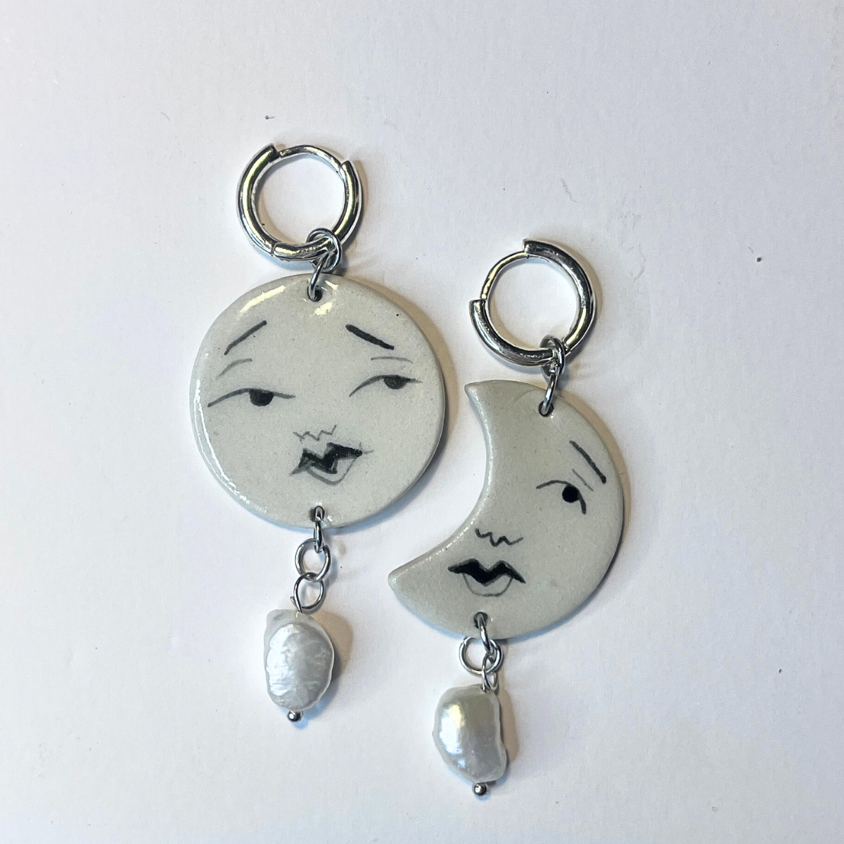 Full Moon / Half Moon Earrings – Silver Plated with Freshwater Pearl