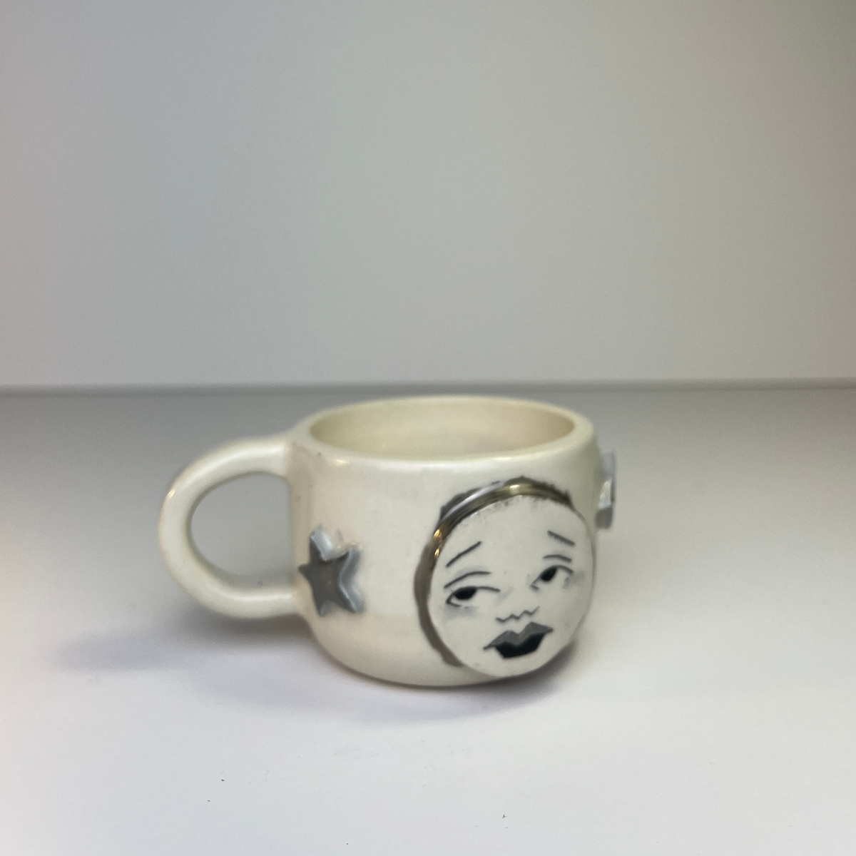 Handmade CeramicMoon Face Espresso Mug with White Gold Stars