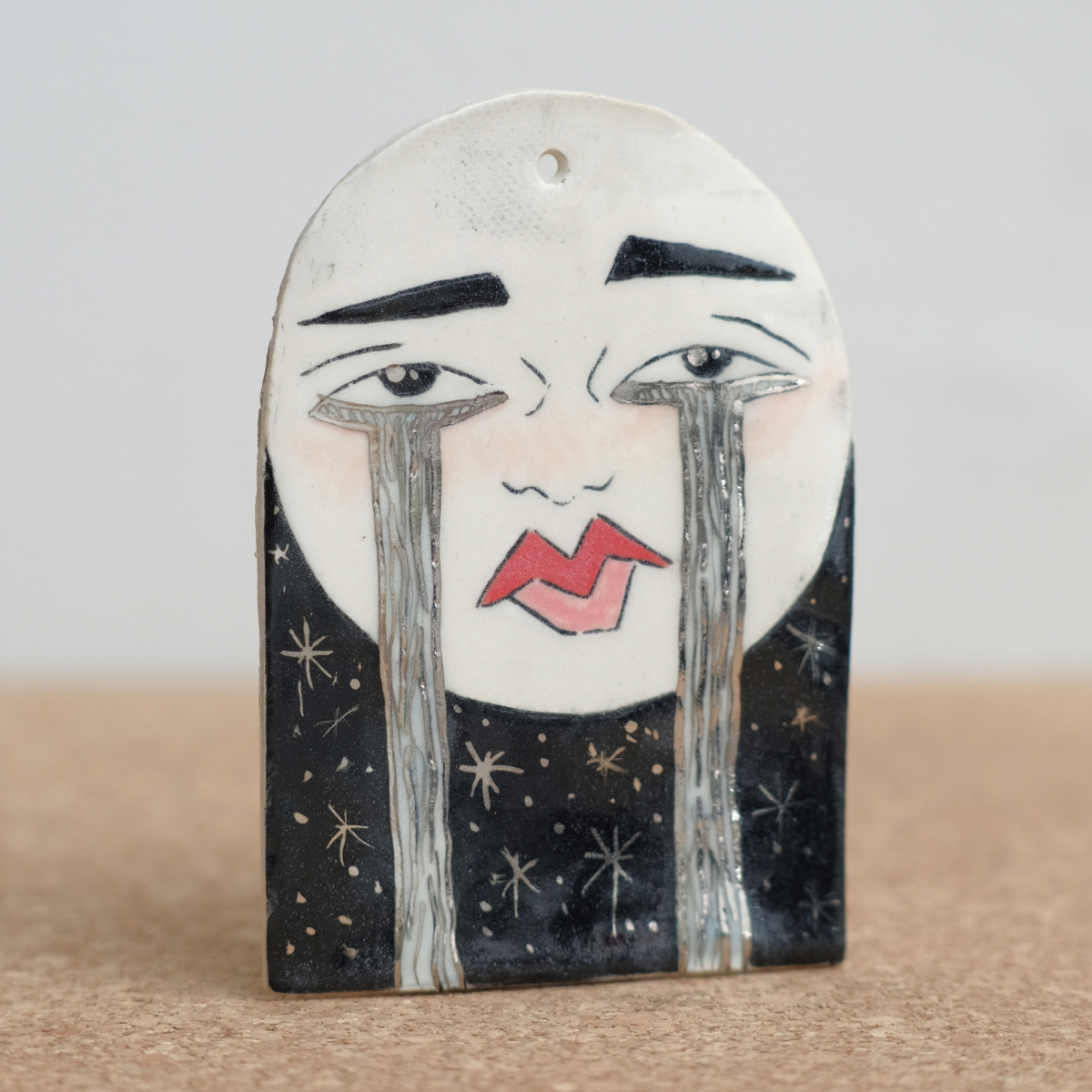 Sad Moon Ornament with White Gold Overglaze