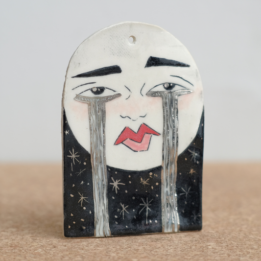 Sad Moon Ornament with White Gold Overglaze