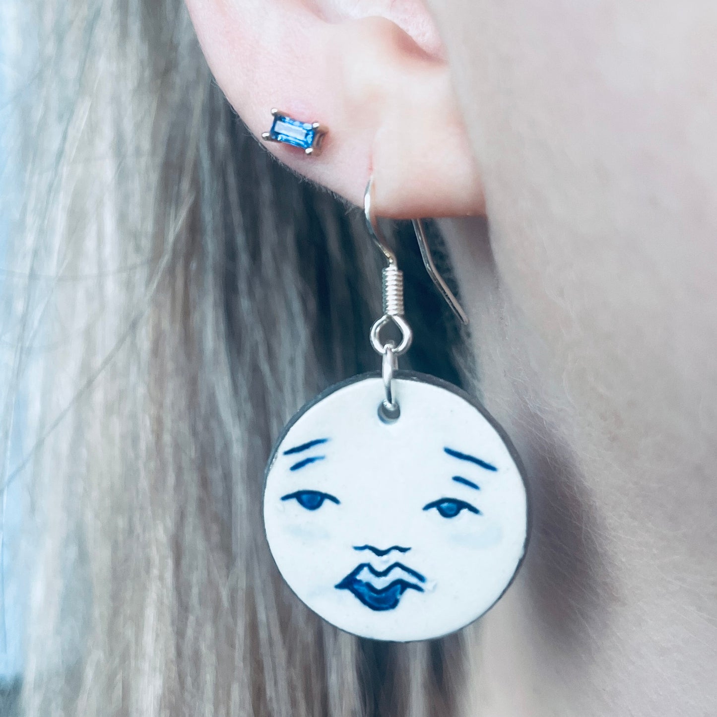 Moon Face Ceramic Earrings | Wedgewood Blue and White Gold