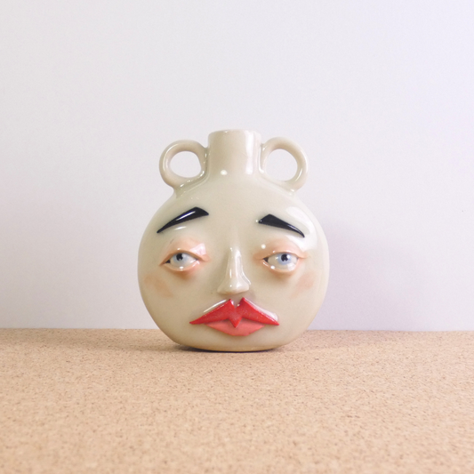 Large Moon Face Bud Vase Pink and Red with Handles | Porcelain