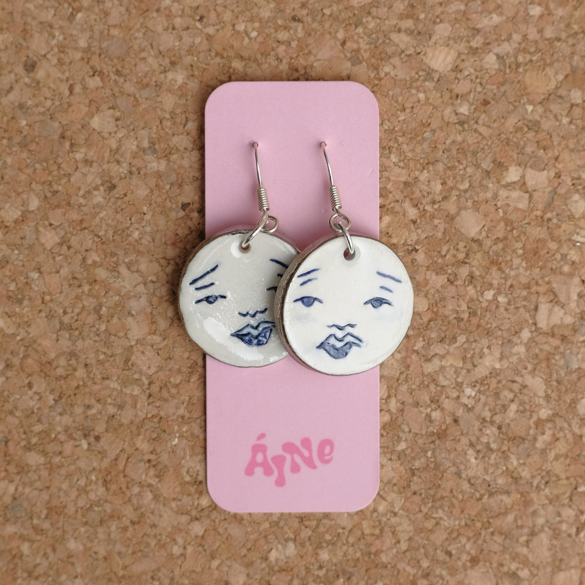 Moon Face Ceramic Earrings | Wedgewood Blue and White Gold