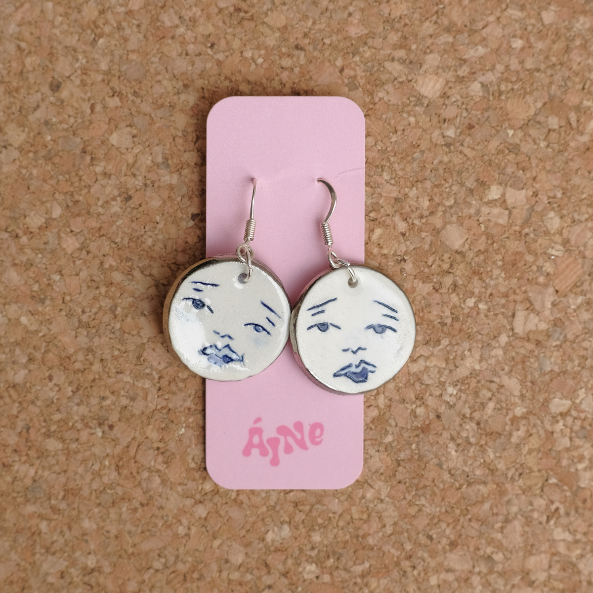 Moon Face Ceramic Earrings | Wedgewood Blue and White Gold