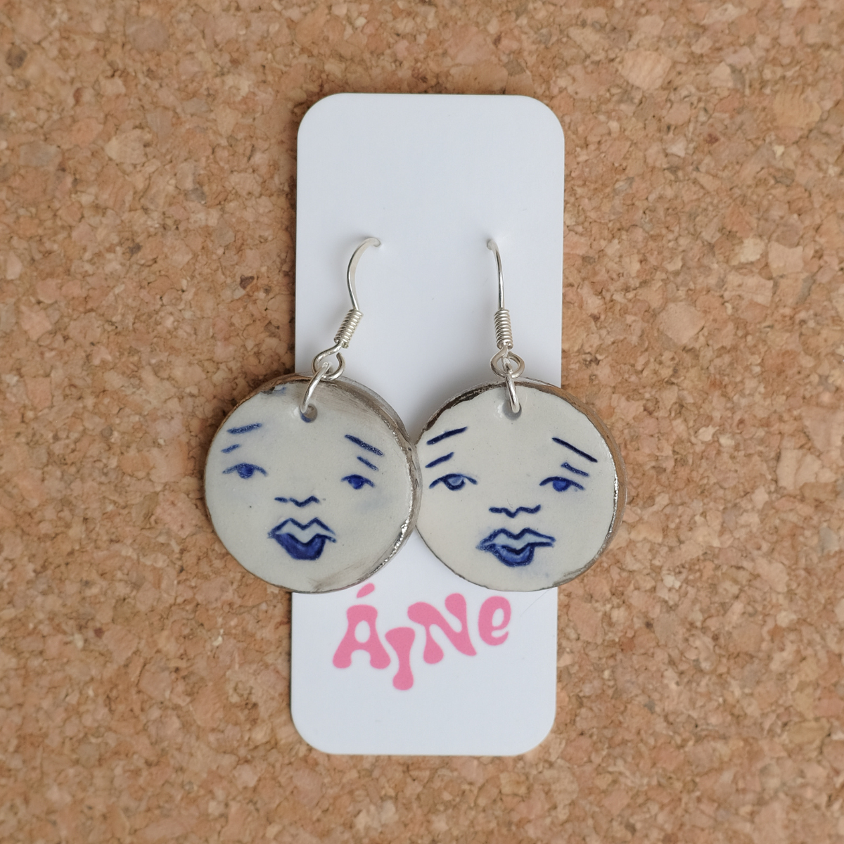 Moon Face Ceramic Earrings | Wedgewood Blue and White Gold