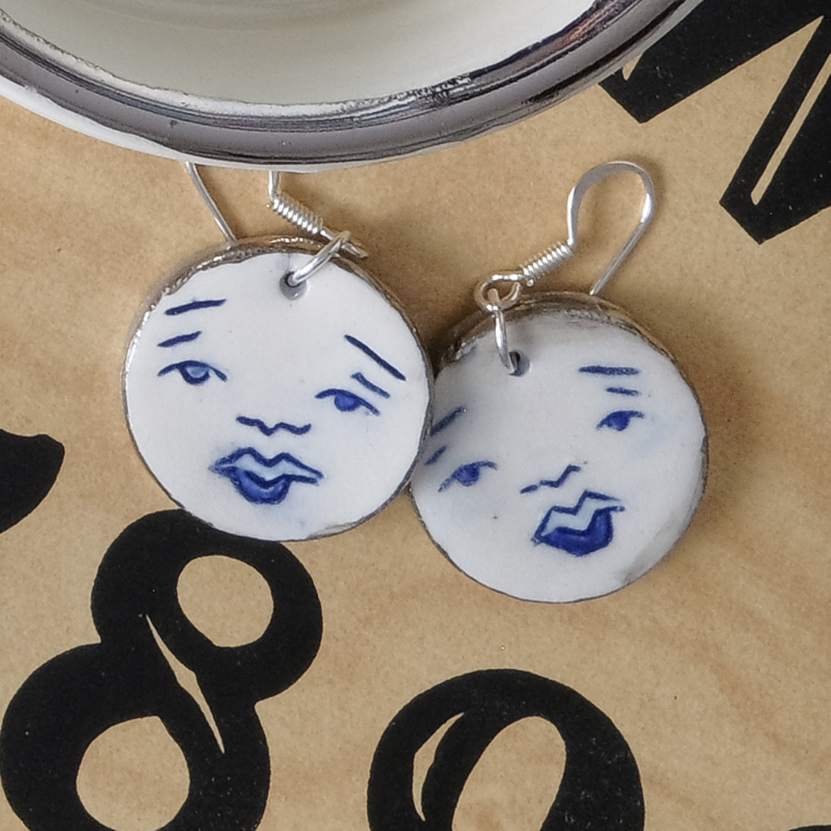 Moon Face Ceramic Earrings | Wedgewood Blue and White Gold